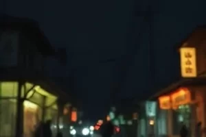夜里闪烁的霓虹招牌下，一间亮着灯的修理铺门半掩