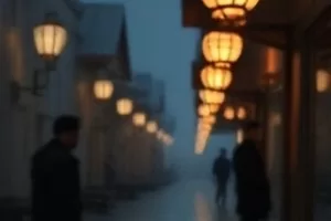 港口夜色中灯塔光束扫过集装箱，一道人影站在光影边缘