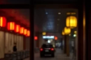 雪后的空旷庭院，石阶上落满细雪，一串脚印通向门外